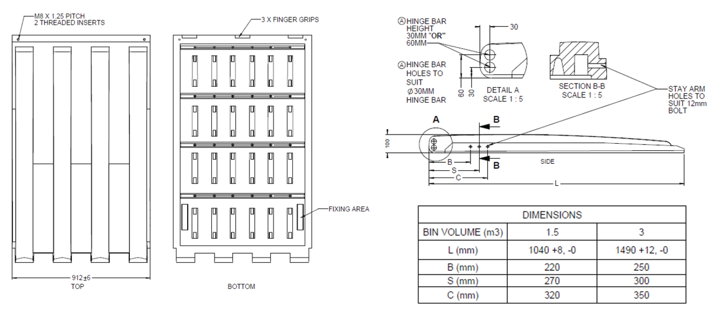 Dimensional drawing for industrial skip bin lids